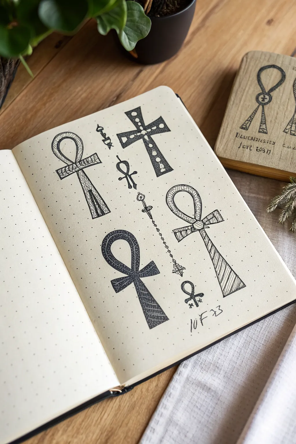 Minimal ankh sketch row with delicate ornament details and soft relief-style shading