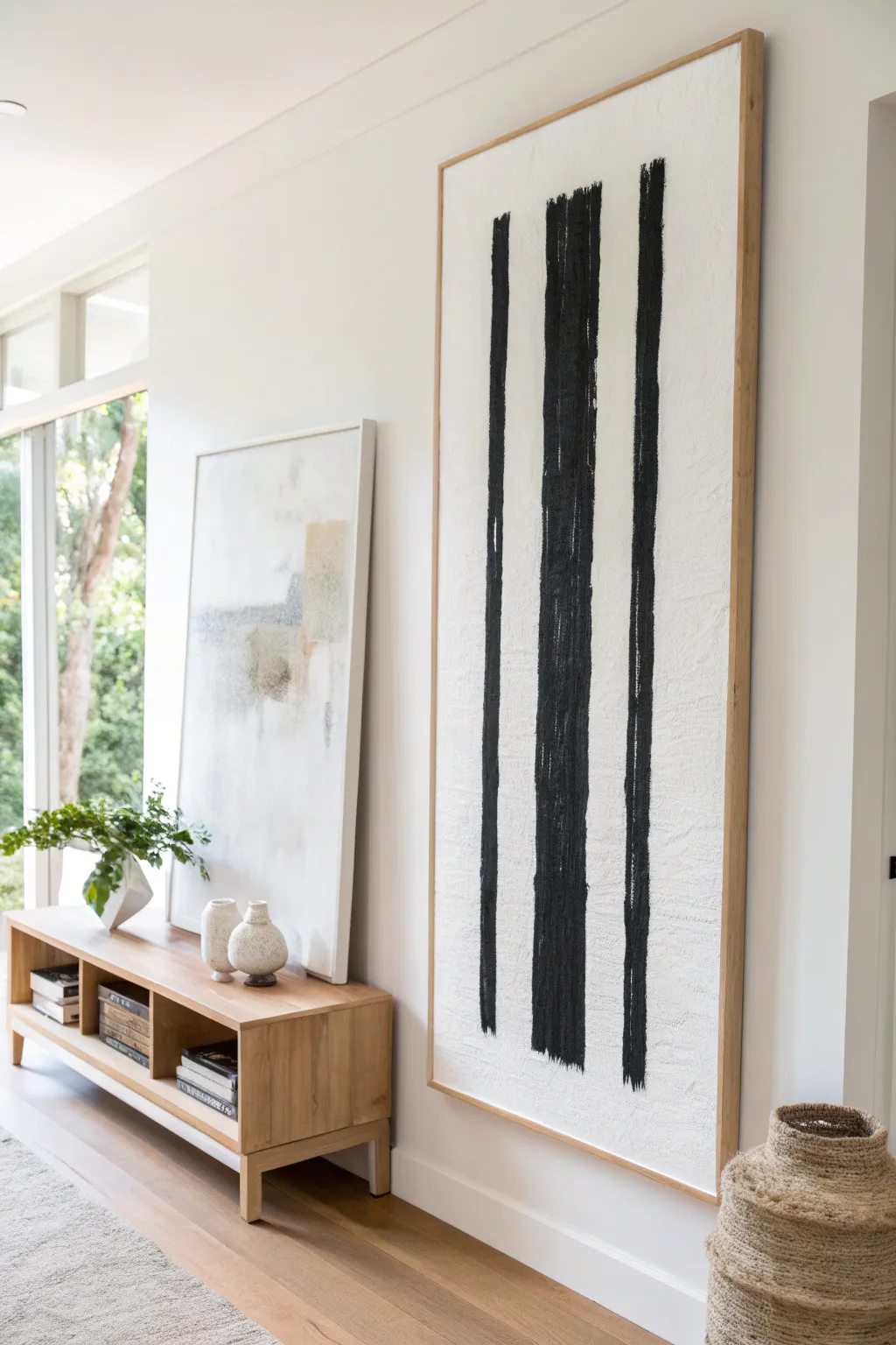 Confident black gesture strokes on a white canvas for a clean, elegant Scandinavian wall moment.
