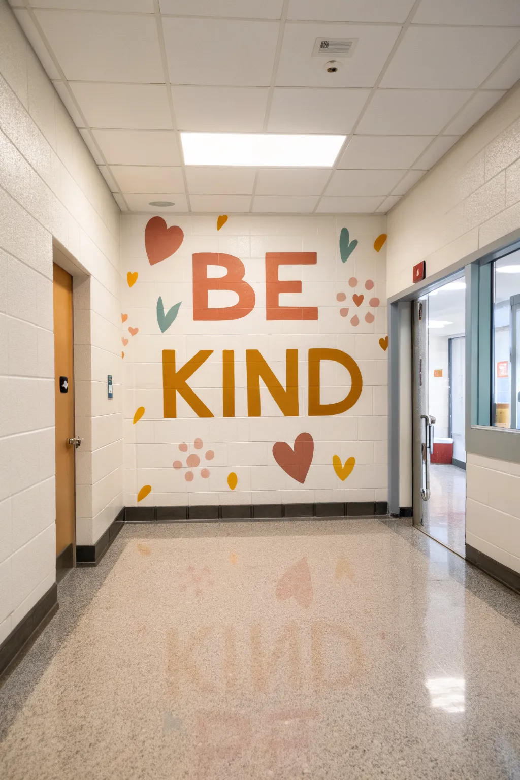Bright Be Kind word wall with simple hearts and dots for a calm, welcoming elementary hallway.