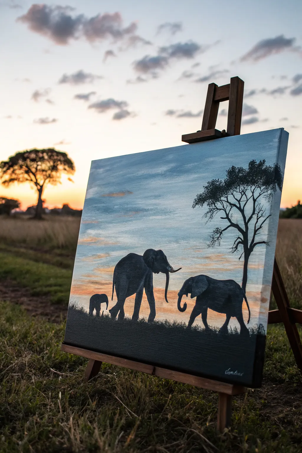 Minimalist dusk acrylic: parent and calf elephant silhouettes walking close, calm and modern.