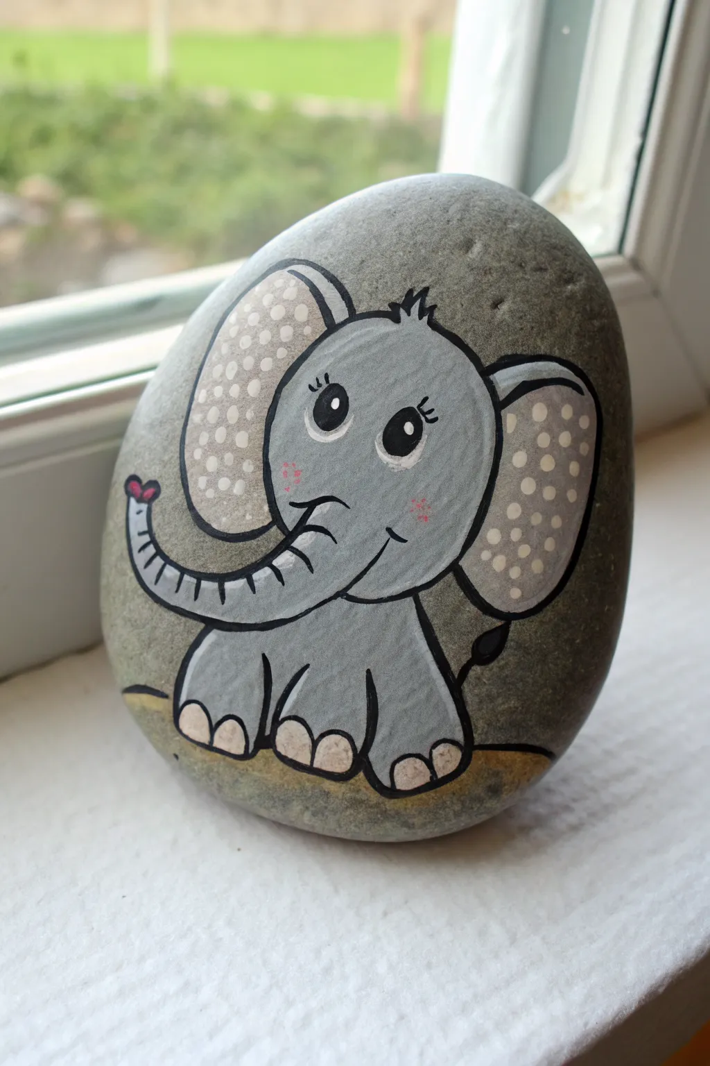 Adorable front-facing baby elephant rock painting in a calm, minimalist Scandinavian boho style