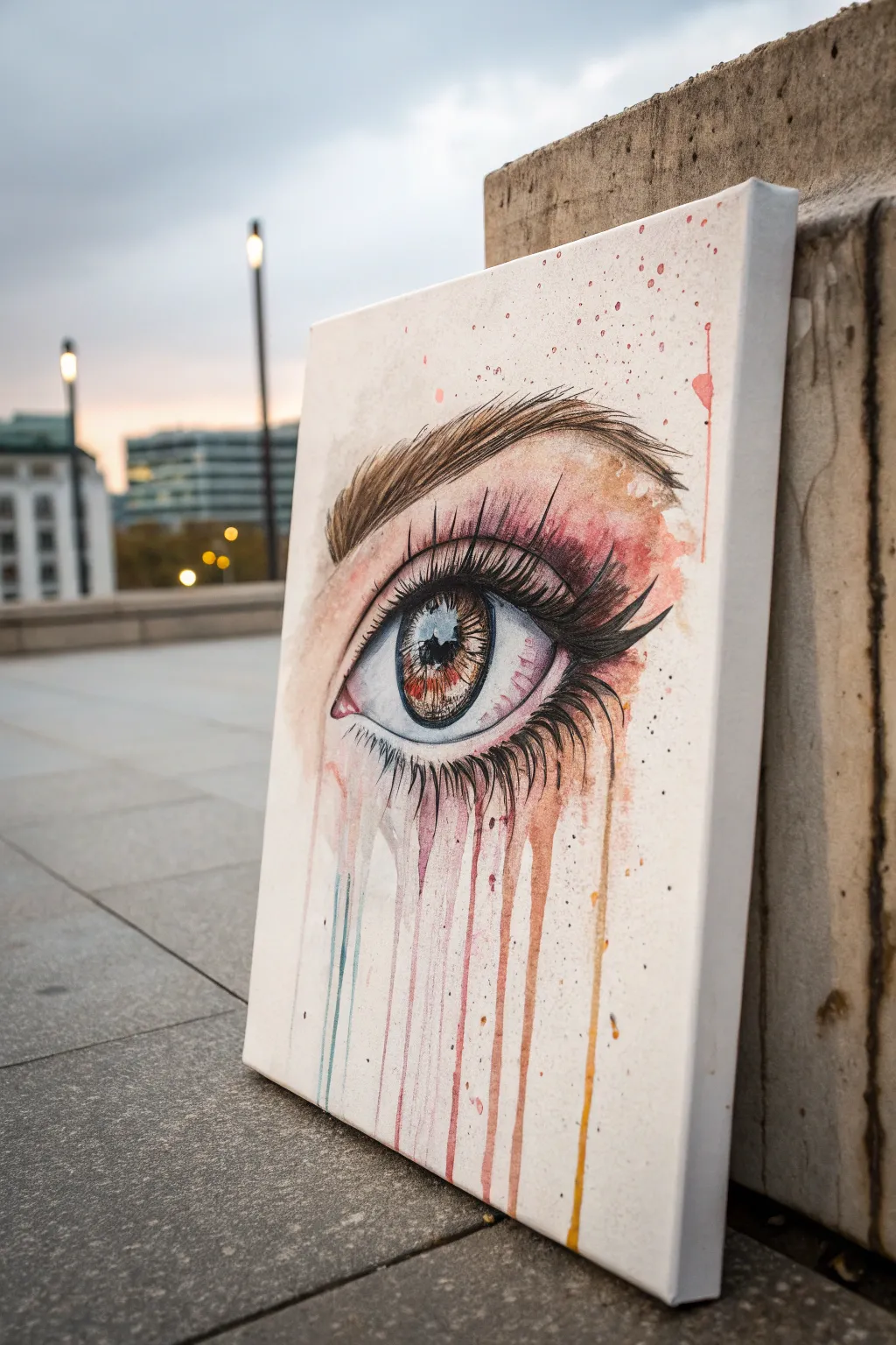 A single weeping eye as the focal point, with tears melting into soft watercolor drips