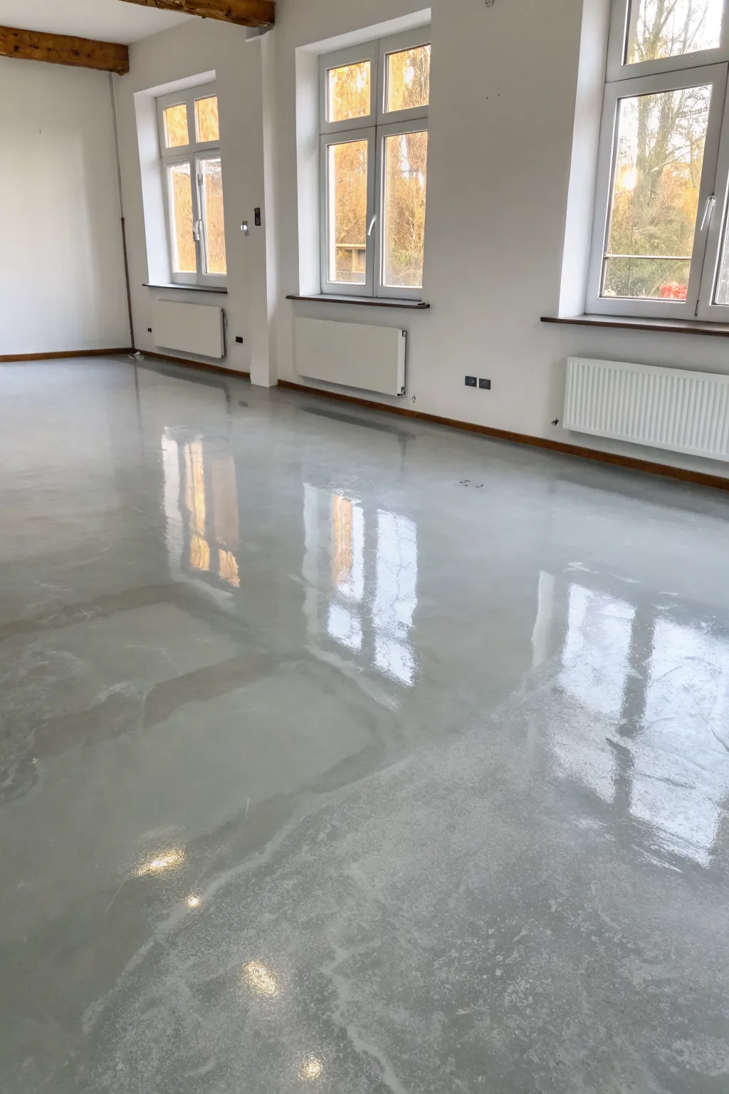 Soft gray epoxy floor with subtle sheen, minimalist calm, and gentle tonal depth.