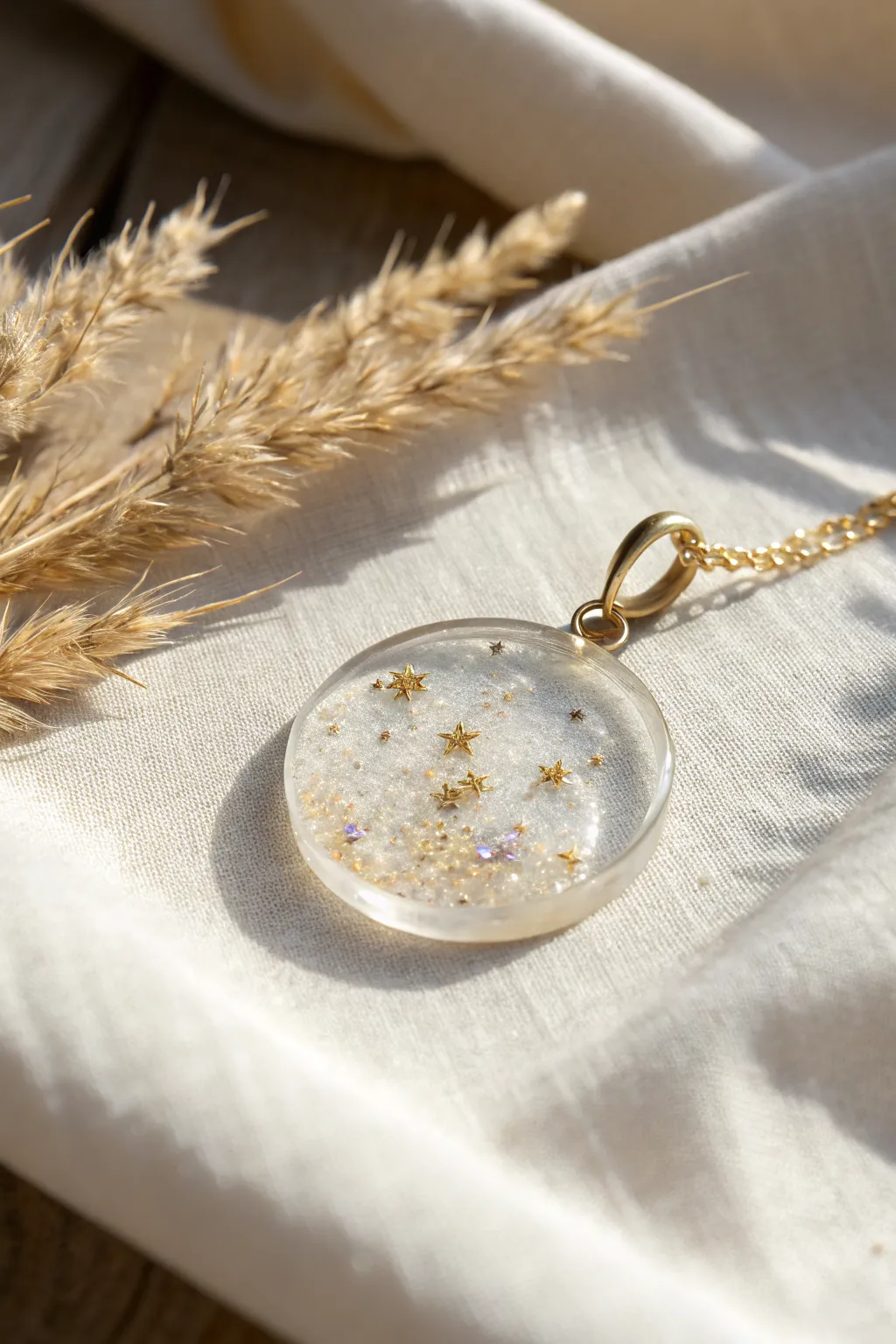 Minimal resin jewelry charm with tiny sparkles and a glossy dome on a neutral linen backdrop