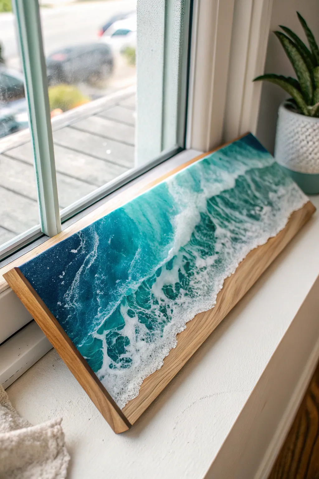 Minimal ocean wave epoxy on wood, crisp white lacing and layered blues in soft window light.