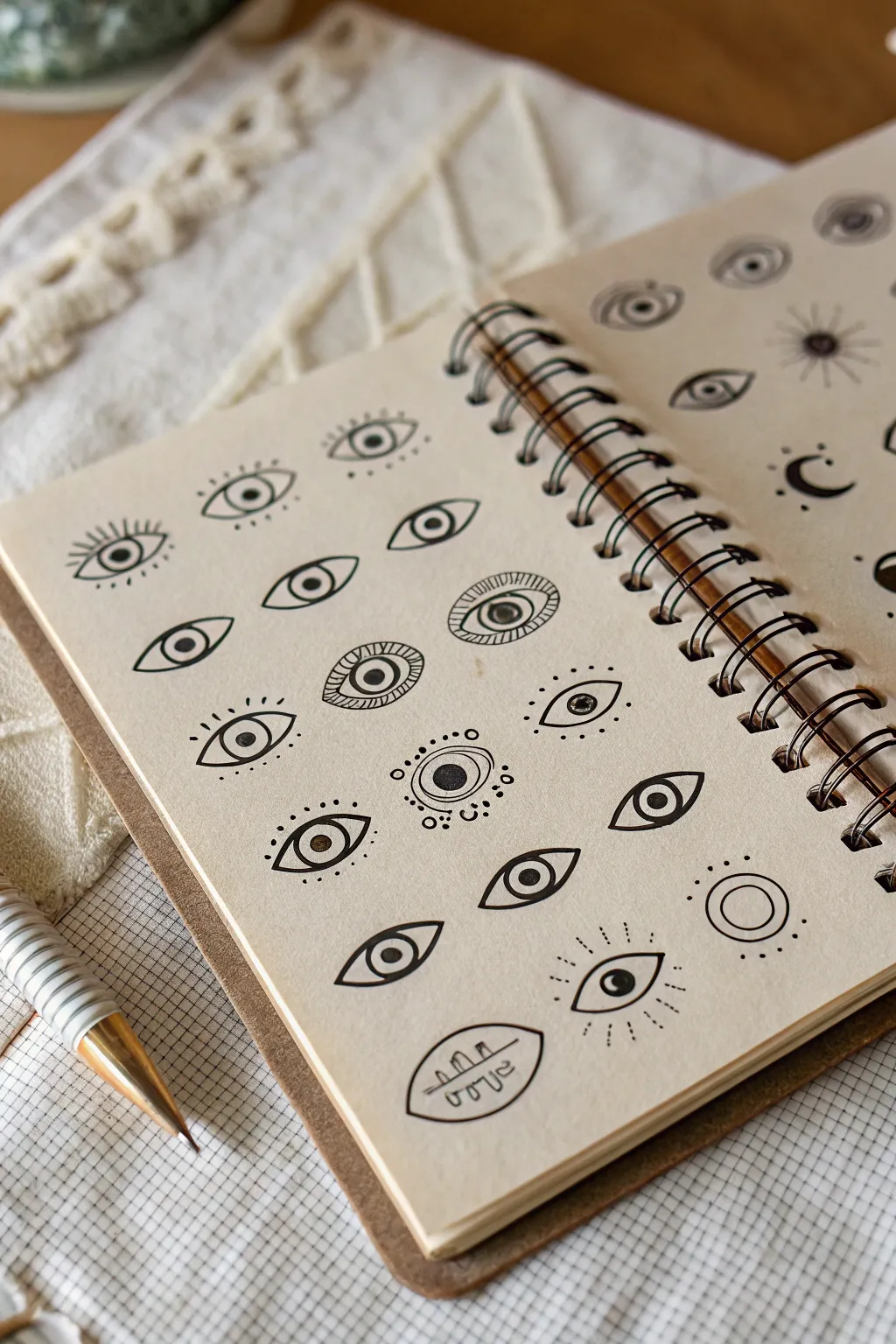 Minimal evil eye icon grid for quick practice, clean Scandinavian lines with soft boho accents