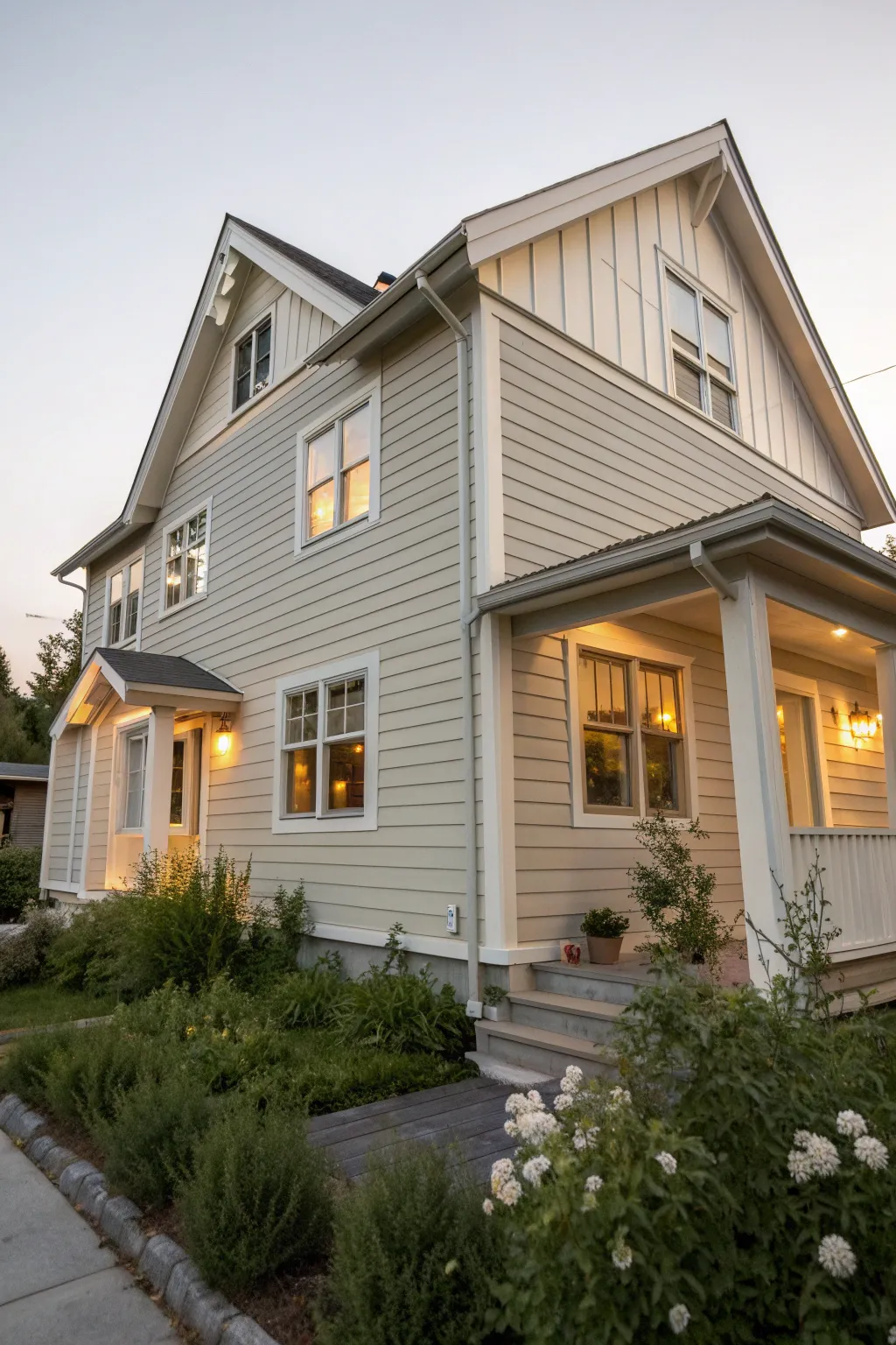 Soft greige siding + light trim for effortless curb appeal in warm late-afternoon glow