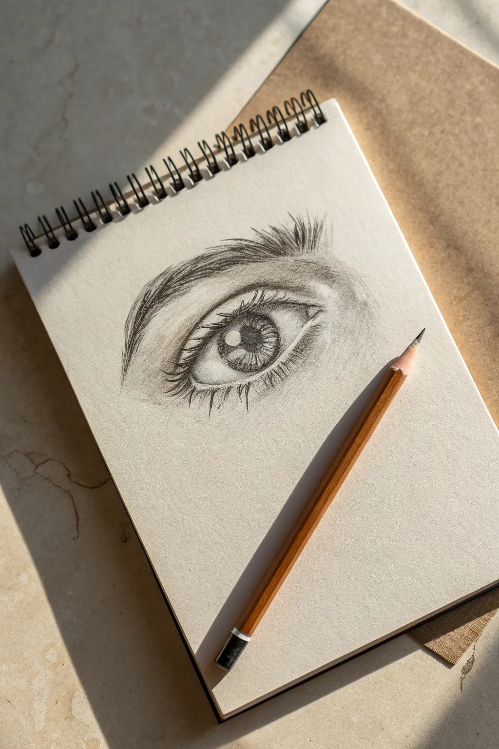 Classic pencil-shaded eye with faint construction lines, soft socket smudge, and crisp lid shadow