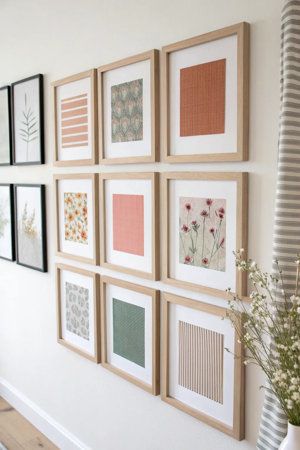 Turn fabric scraps into a serene mini gallery with crisp mats and warm wood frames at home.
