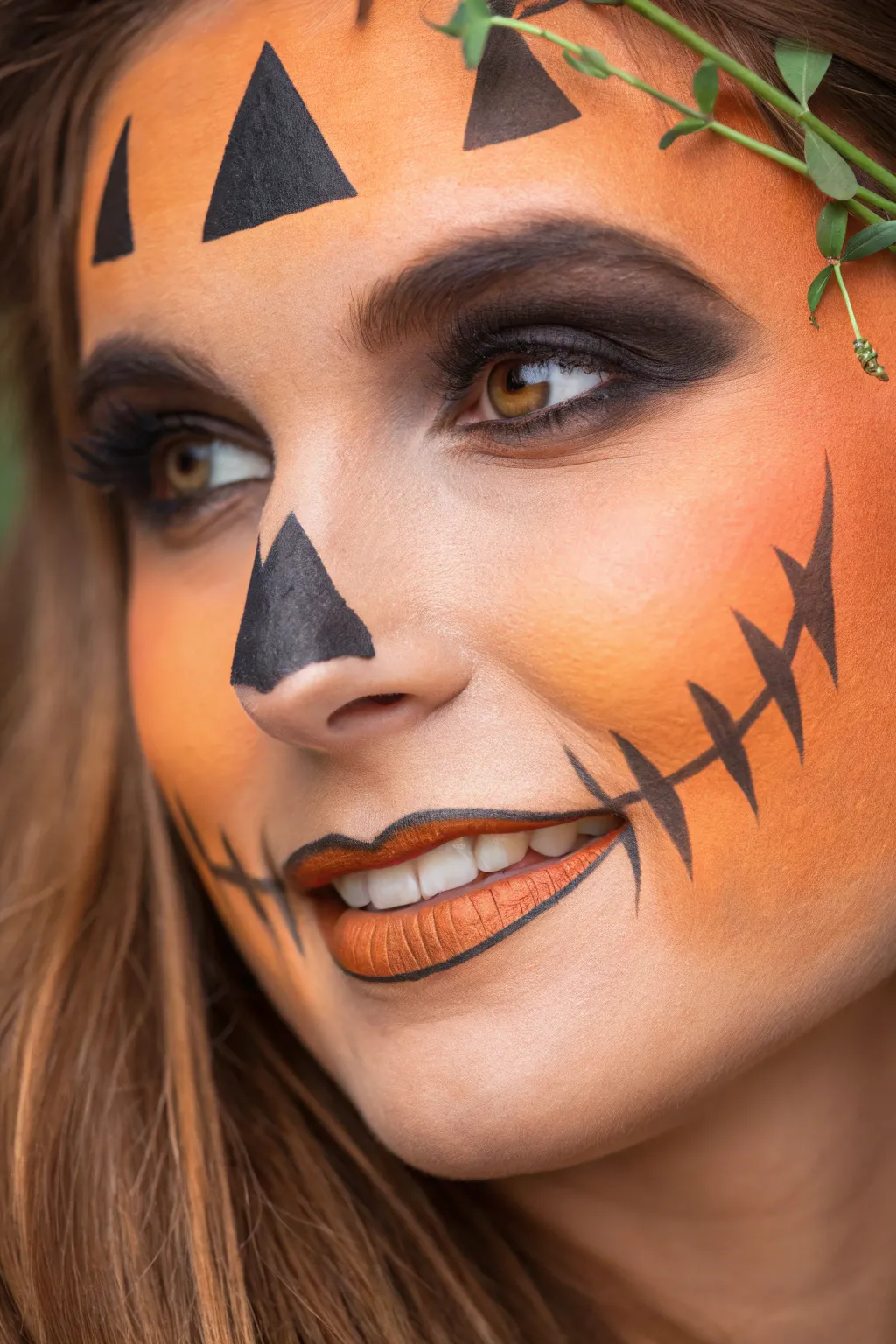 Warm pumpkin grin face paint with minimalist shading and tiny green stem detail for Halloween