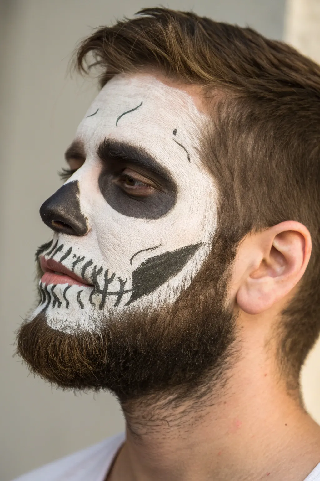 Minimalist half-skull jawline face paint for men, bold shadows and clean Scandinavian mood