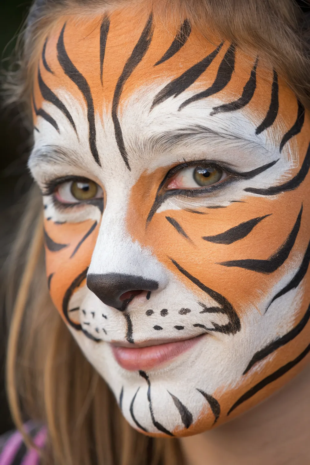 Classic tiger face paint close-up with bold stripes, white muzzle, warm orange cheeks, and nose detail