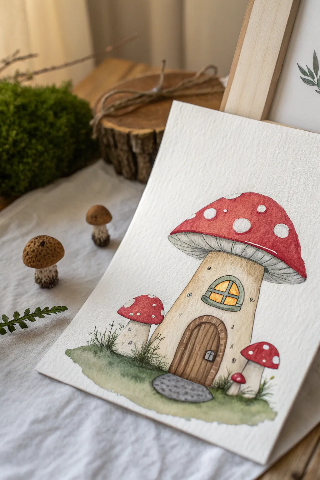 Mushroom-roof fairy house idea: bold red cap, round door, and tiny woodland mushrooms