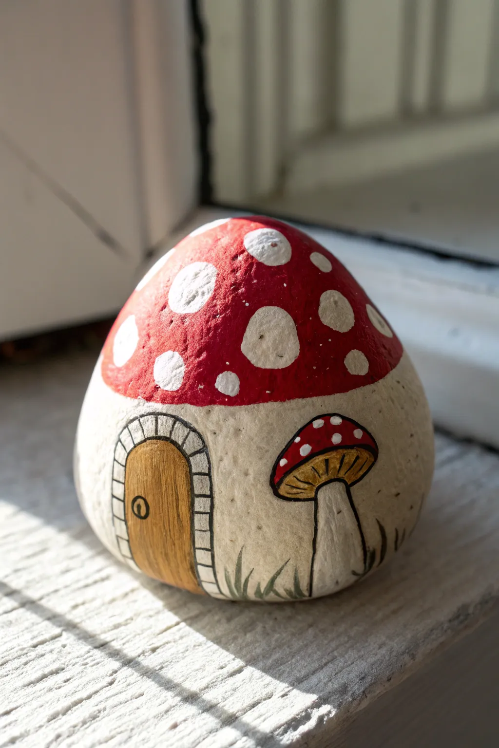 Paint a cozy red toadstool cottage on a smooth rock, with tiny door and window details.
