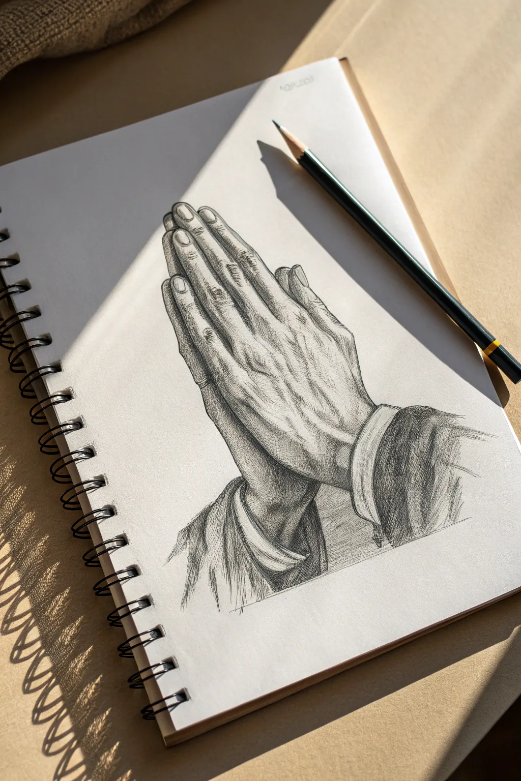 Realistic pencil praying hands with soft side light and calm shadows for faith-inspired art.
