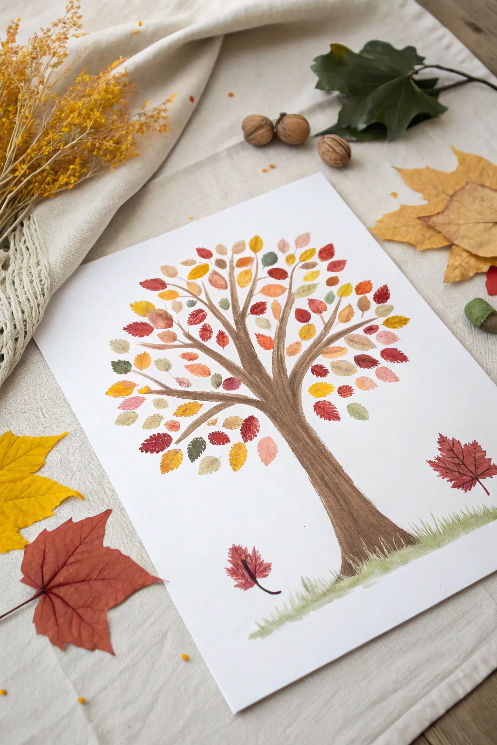 Fingerprint Leaf Canopy: cozy fall tree made from layered autumn fingerprints on clean white paper