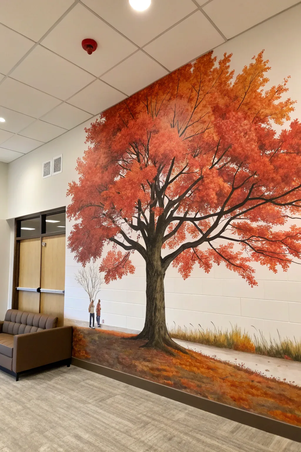 Bold maple tree mural in peak fall reds, minimalist Scandinavian style with a warm boho touch