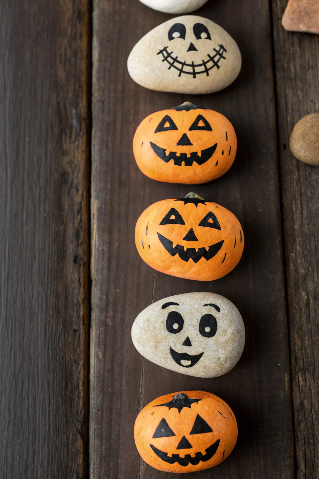 Pumpkin rock lineup with varied jack o lantern faces, styled minimal on dark wood for cozy fall.