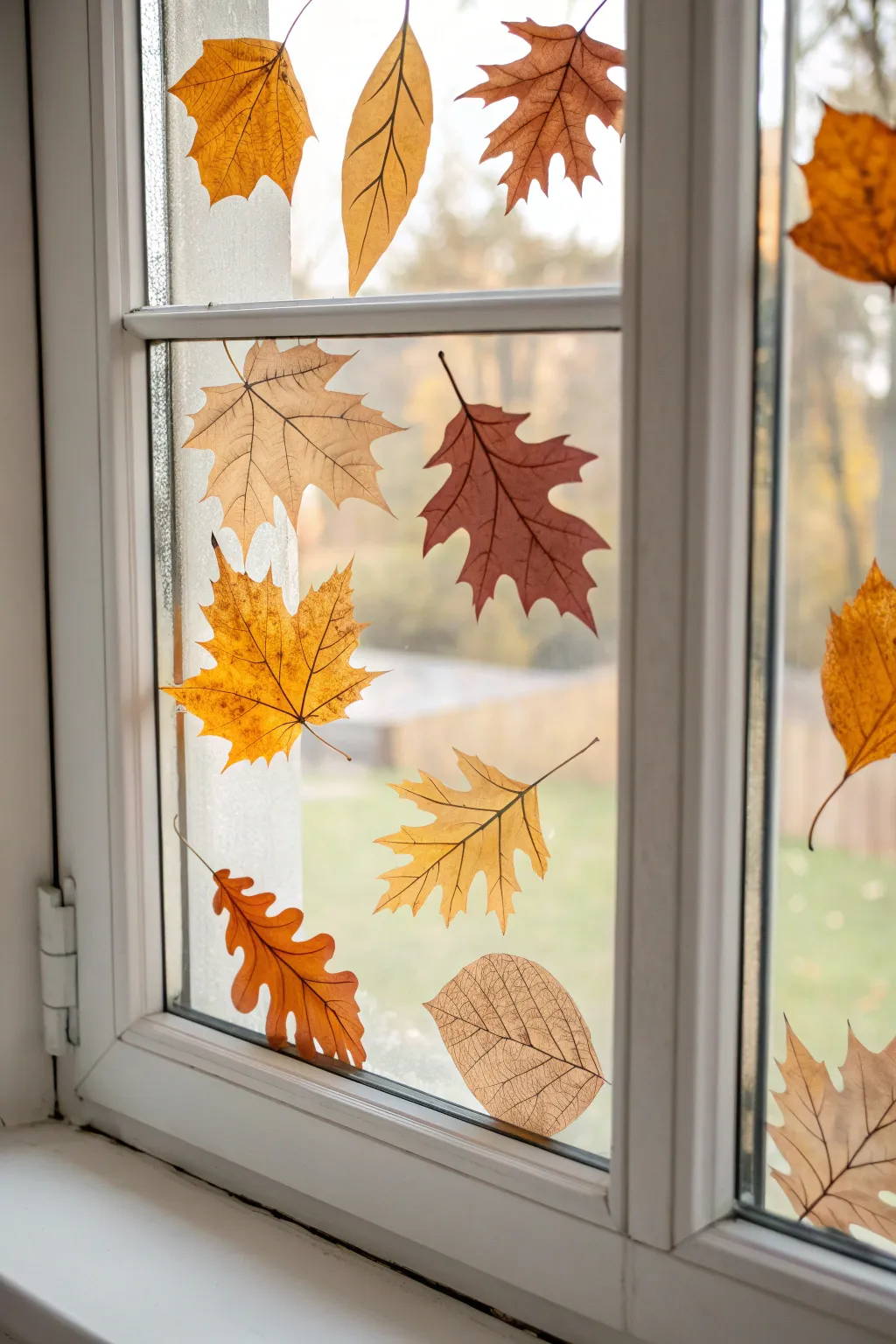 Swirling autumn leaves on a clear window pane, minimalist and cozy with warm fall contrast