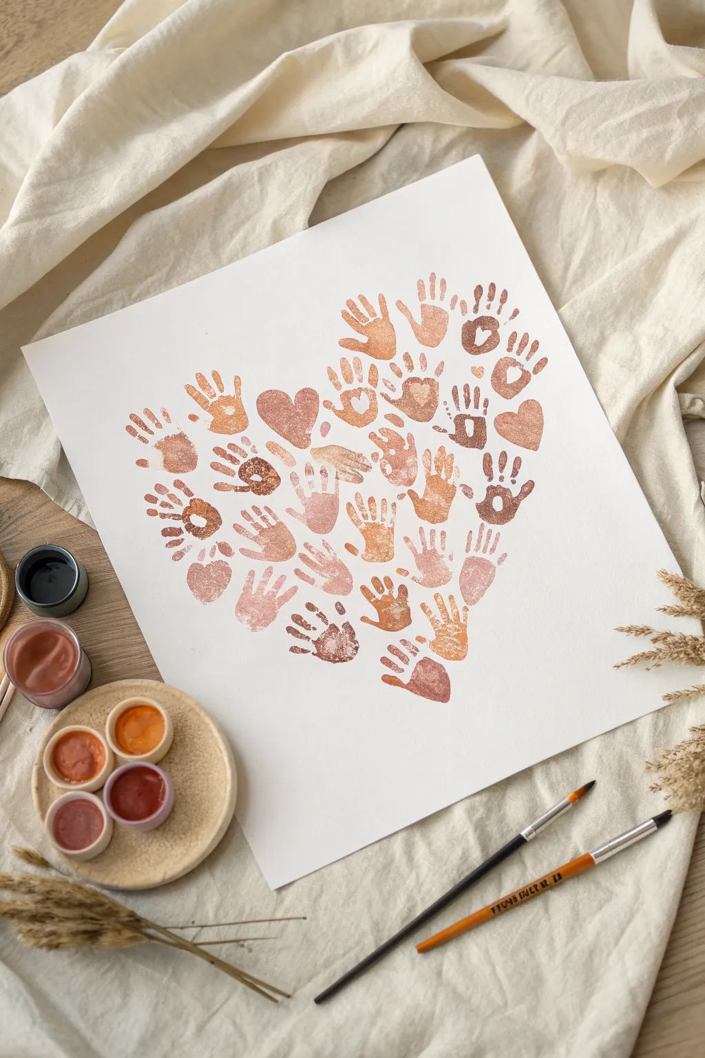 Create a cozy family handprint heart keepsake with soft boho tones and simple Scandinavian style