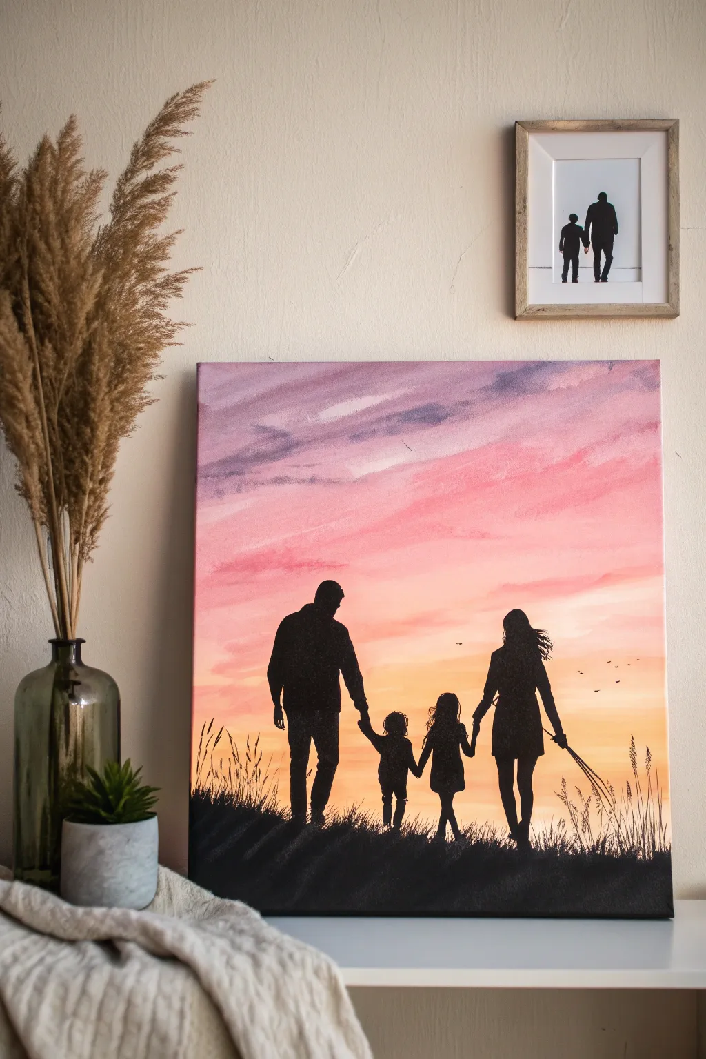Bold family silhouettes on a sunset gradient canvas, simple and meaningful for beginners.