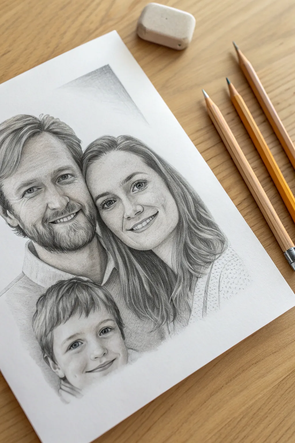 Timeless graphite family portrait sketch with soft shading, a heartfelt handmade gift idea