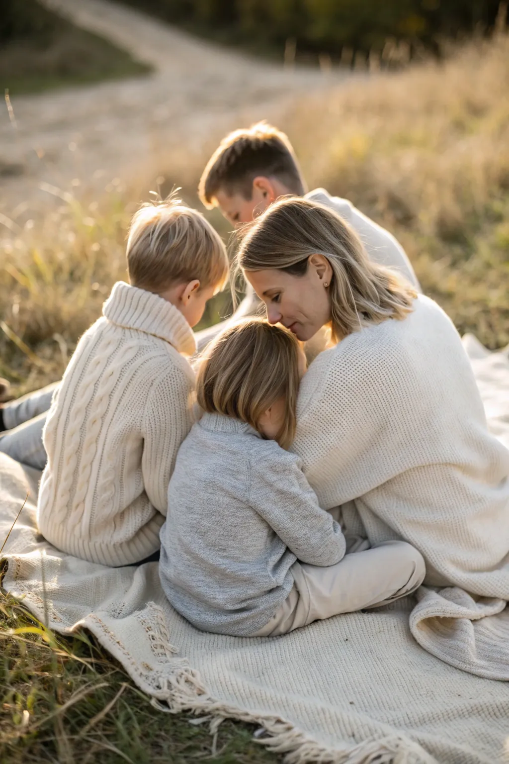 Cozy blanket cluster portrait: simple, natural textures, heads close, soft outdoor light.