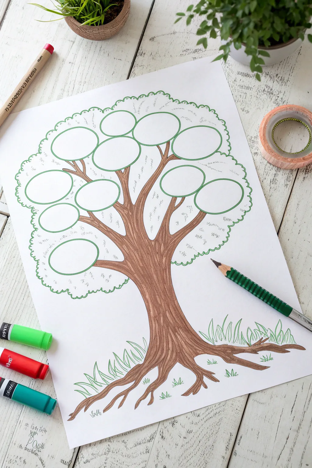 Simple kid-friendly family tree sketch with big blank branch labels, ideal for school projects.