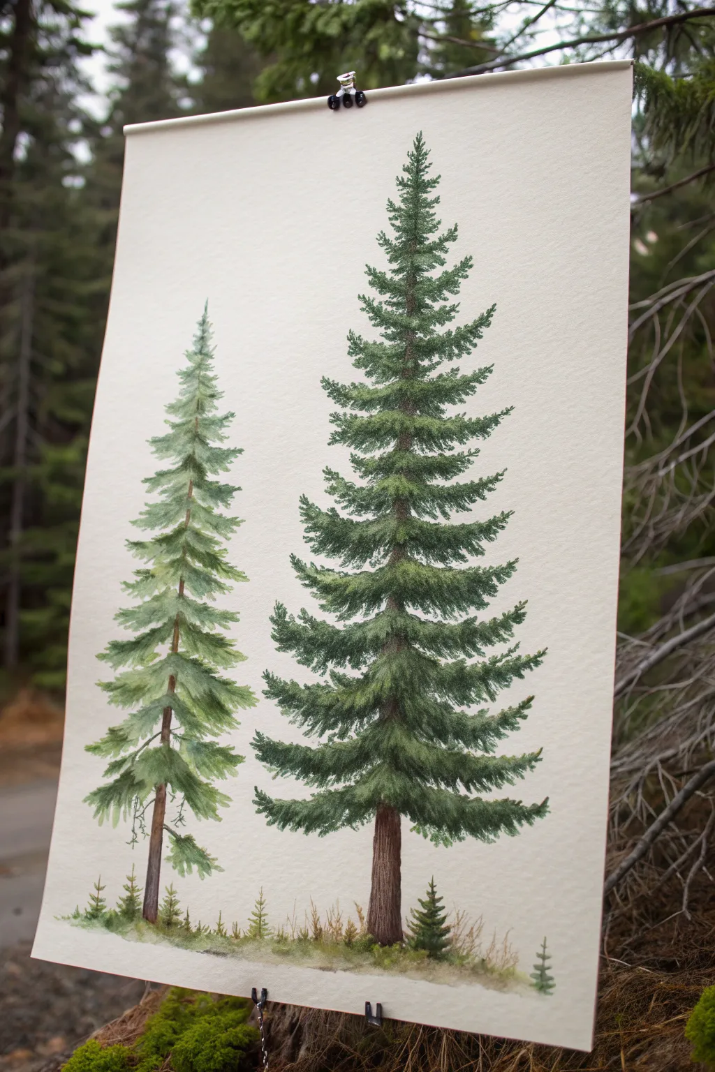 Layered fan brush pines: one finished tree and one in progress on clean minimalist paper.