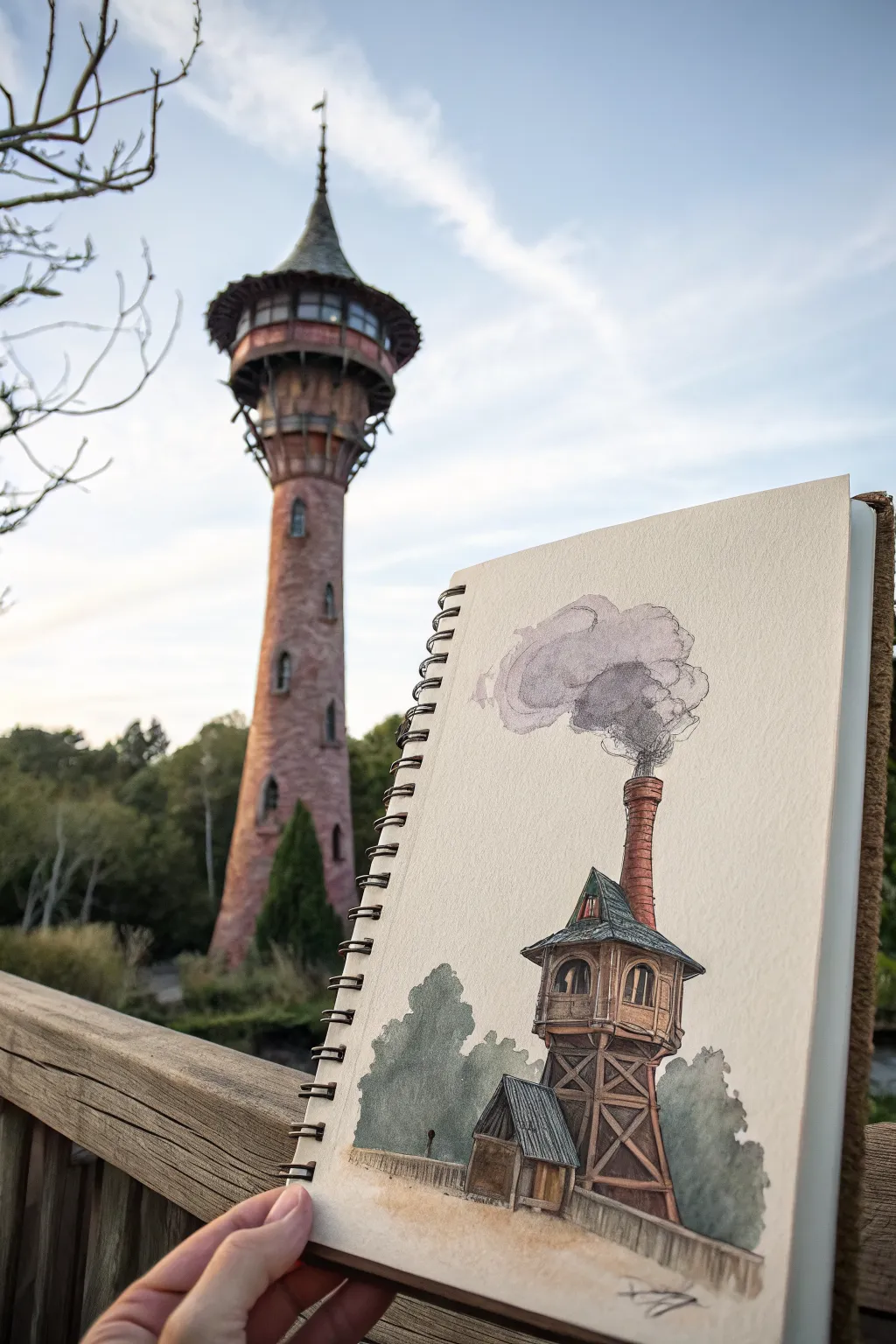 Wizard tower concept art with a top-heavy silhouette, spiraling balconies, and soft chimney smoke