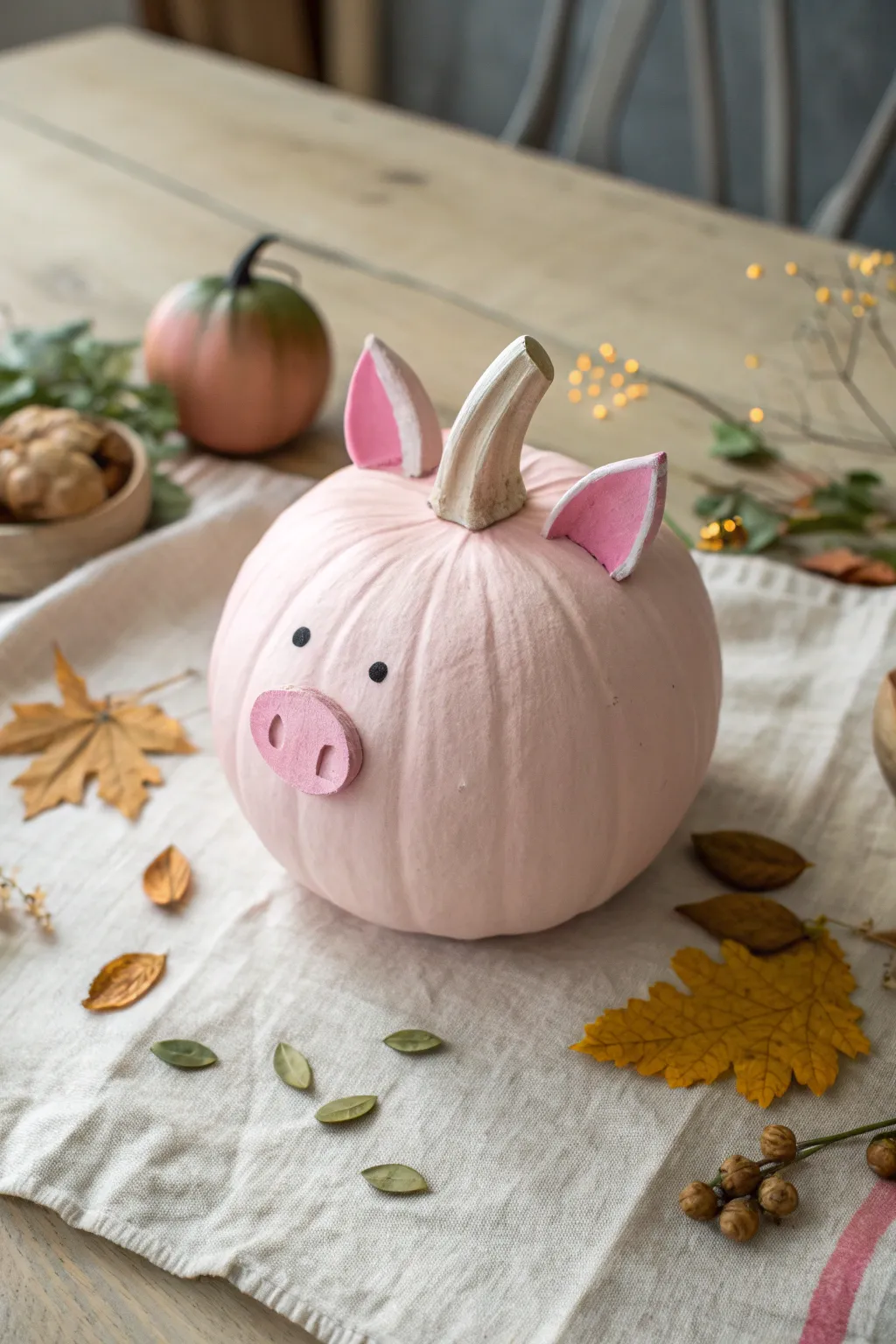 Turn a pumpkin sideways for this adorable pink piglet DIY. Too cute to handle!