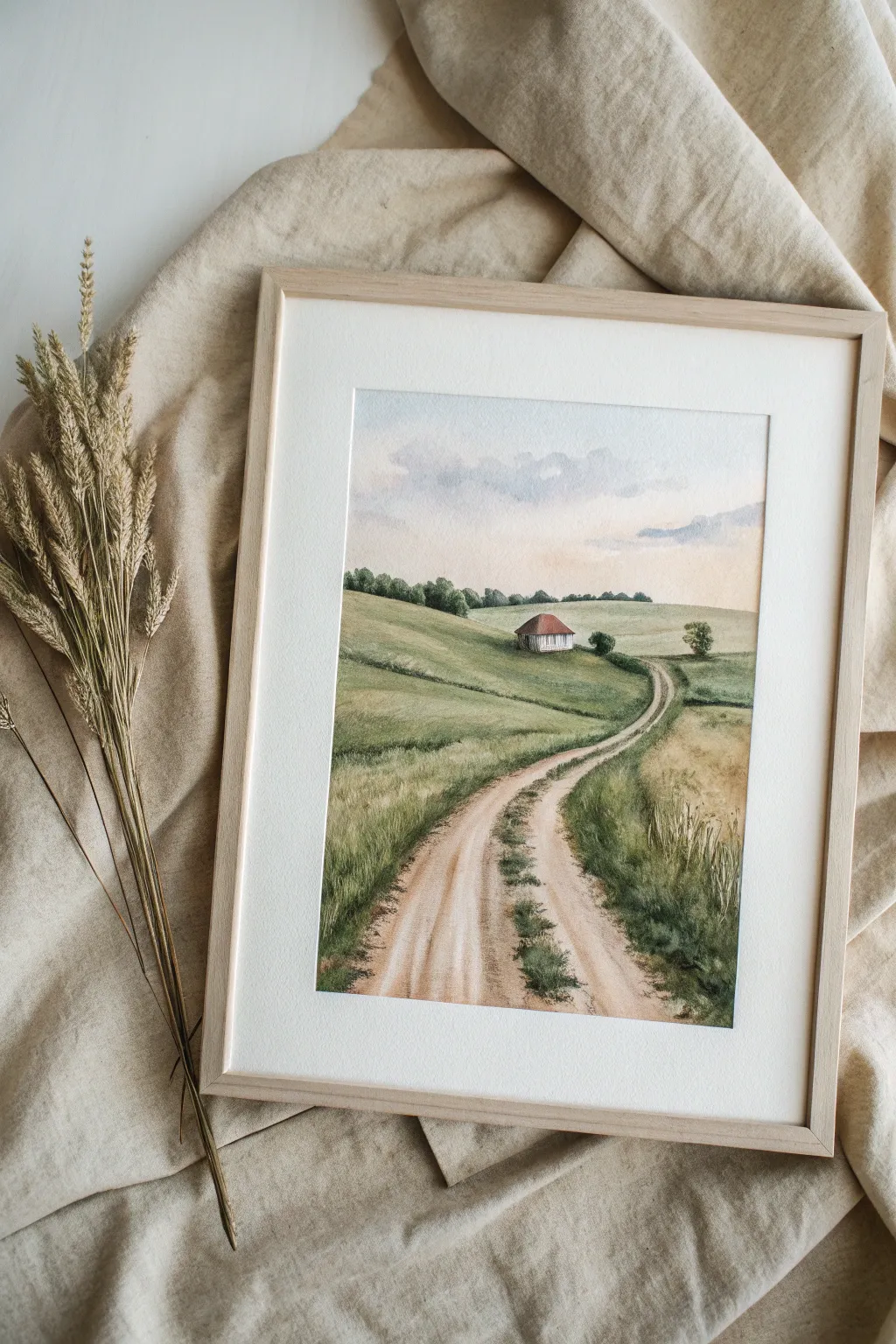 Winding dirt road watercolor study guiding the eye toward a quiet barn, calm farm mood.