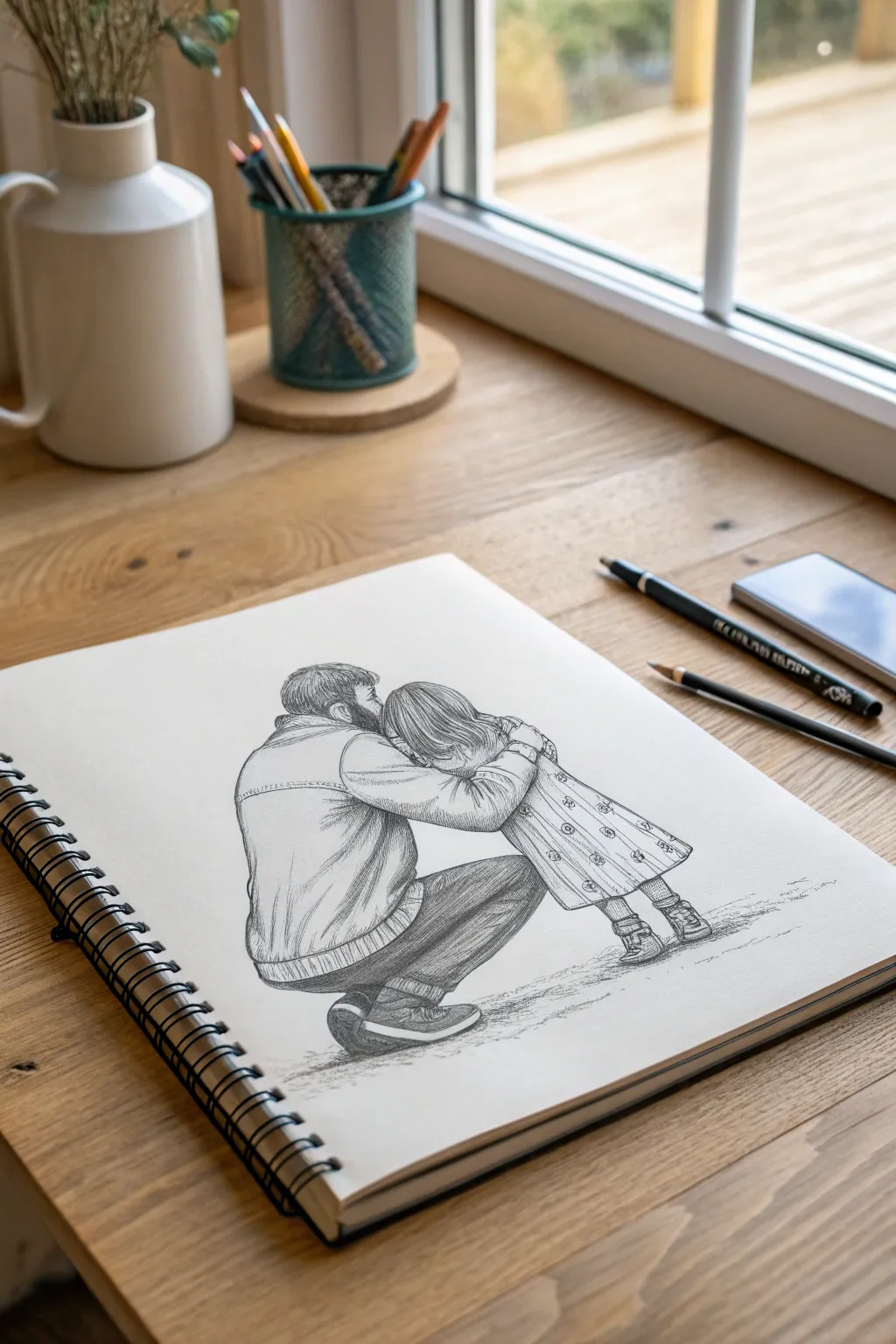 Minimal pencil sketch of a warm father-daughter hug, perfect for heartfelt drawing practice