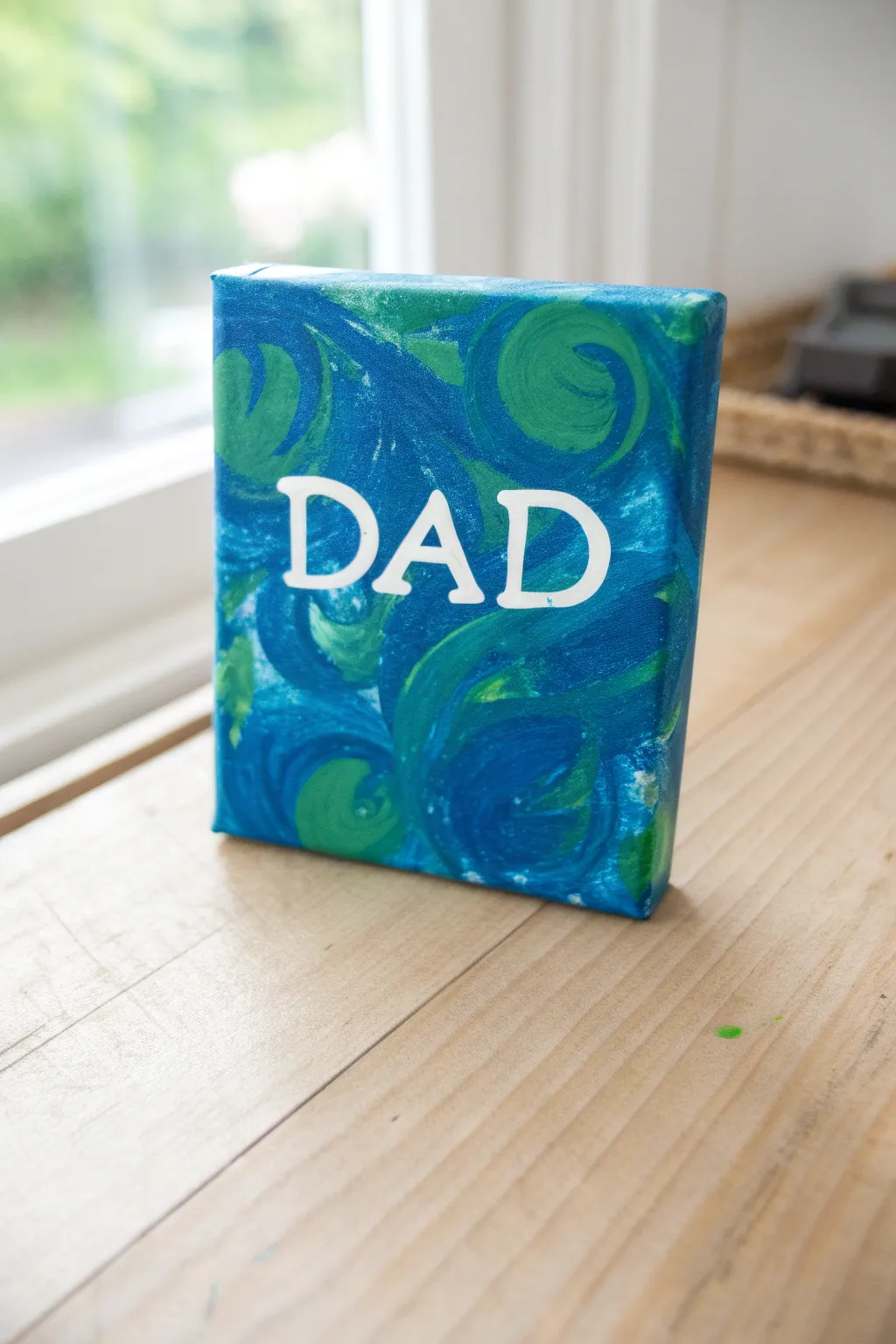 Bold finger-painted canvas with a crisp DAD tape-resist reveal in fresh blues and greens.