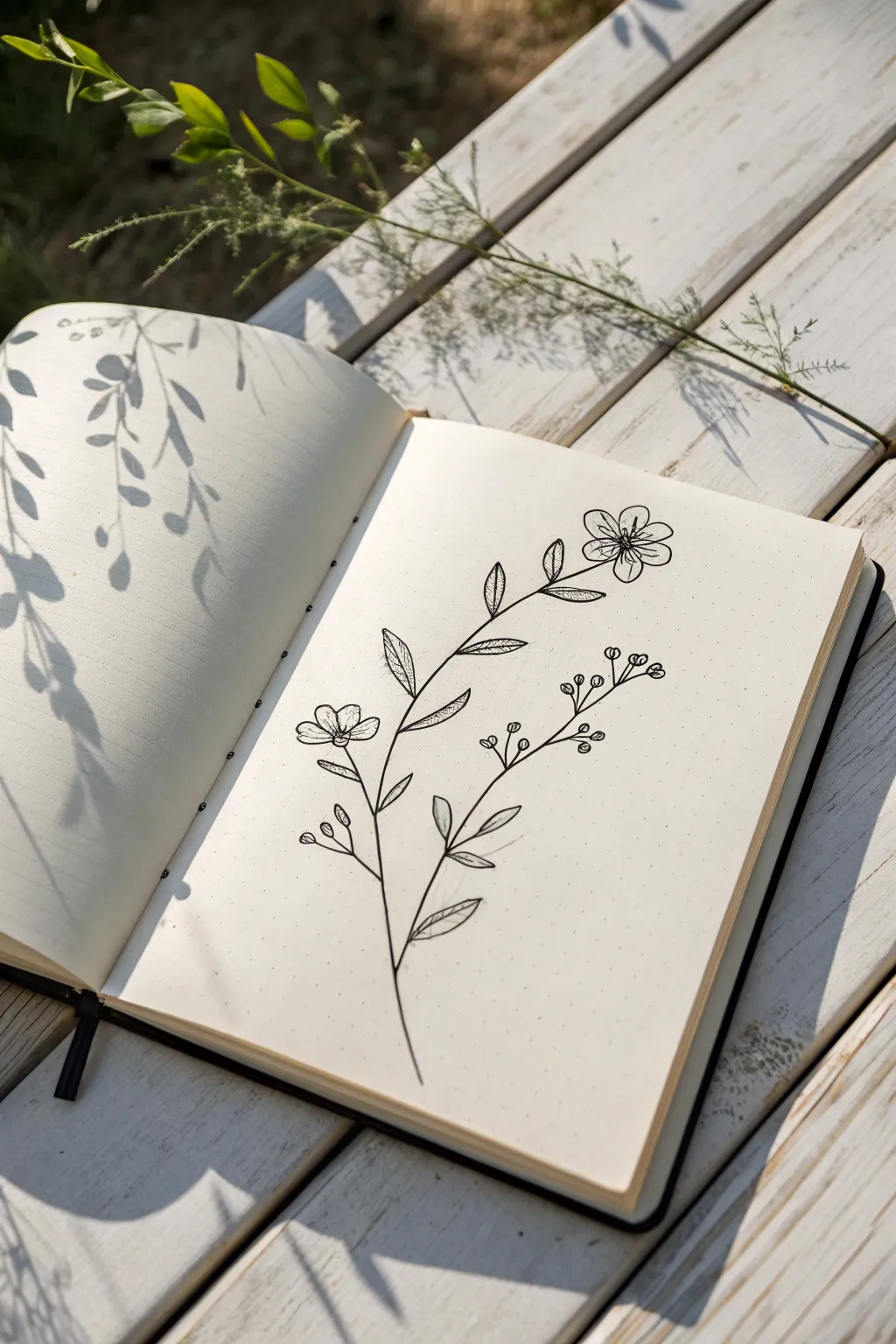 Tiny one-line bouquet: delicate botanical sprigs with airy white space and Scandinavian calm.