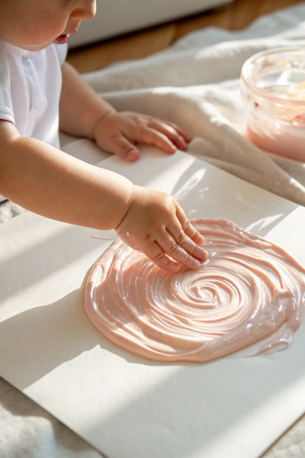 Tiny fingers pulling glossy cornstarch gel into shiny swirls, a calm first finger-paint moment