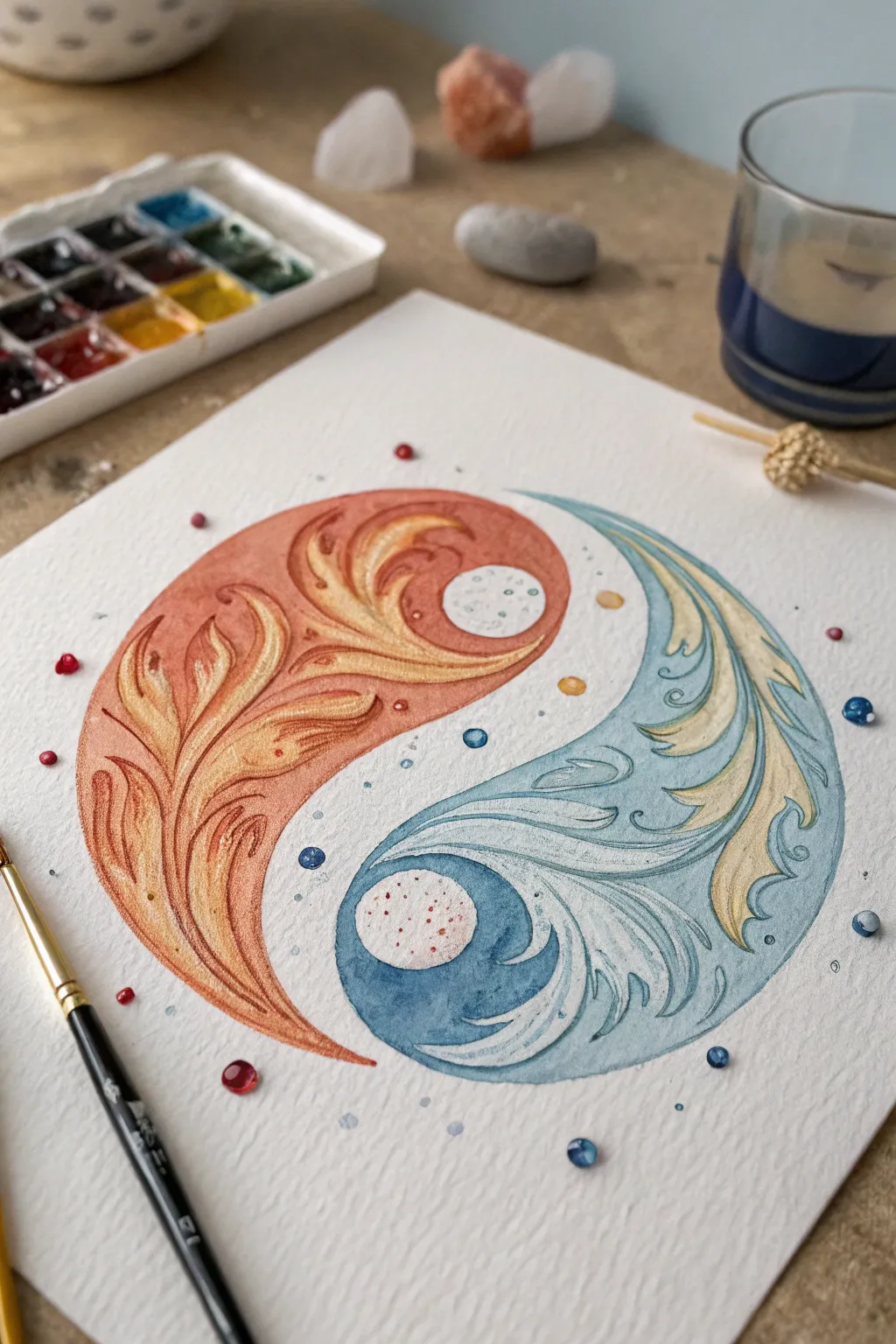 Fire and ice yin-yang: liquid flame swirl meets dripping ice, minimalist Nordic boho contrast.