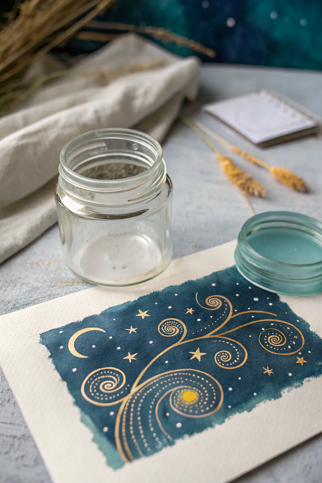 A simple jar releases glowing fireflies in soft spiral trails into a calm, moody night sky