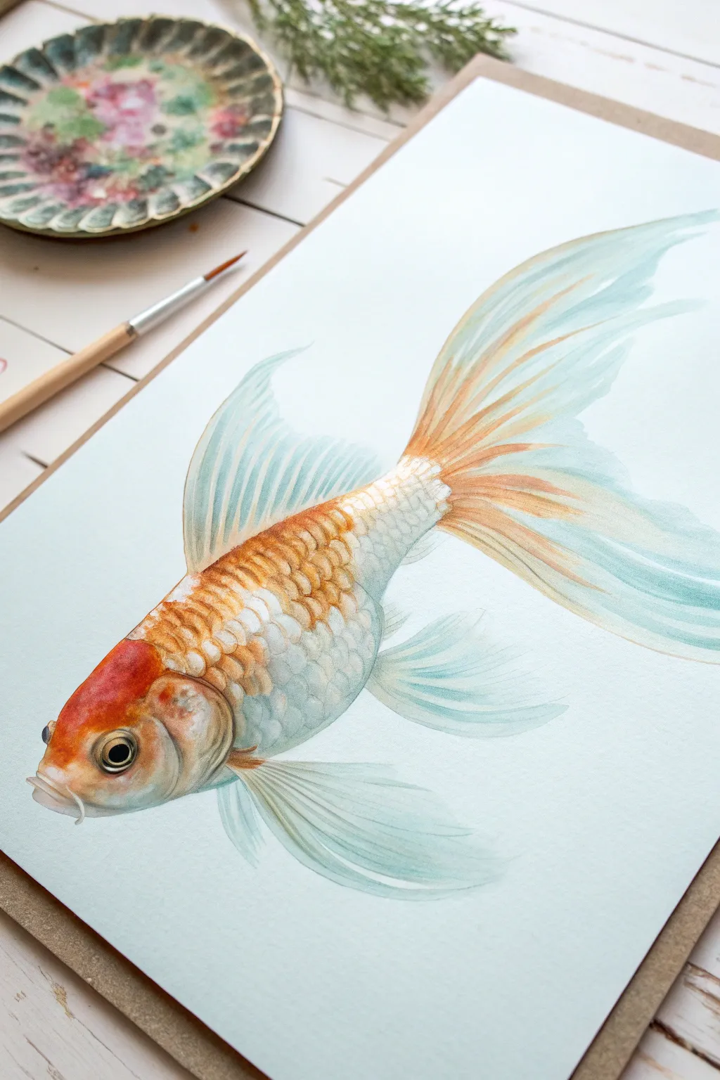 Shimmering goldfish study with flowing translucent fins, minimalist palette and soft gradients.