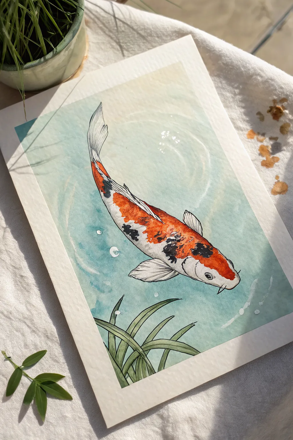 Single koi with bold patterns, minimalist watercolor inspiration for serene fish painting ideas.