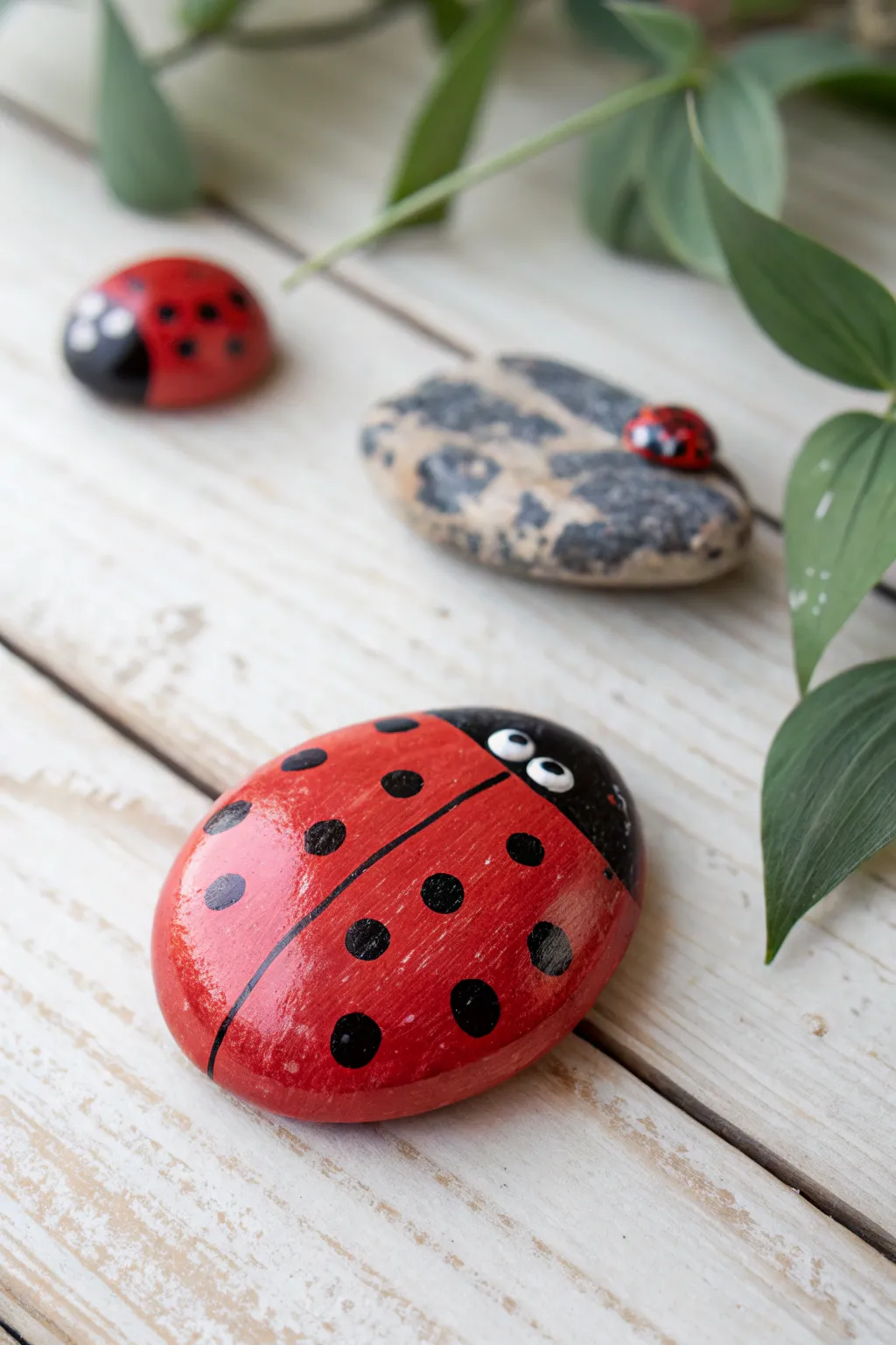 Bright ladybug rock painting on natural wood with soft leafy bokeh for a calm garden vibe