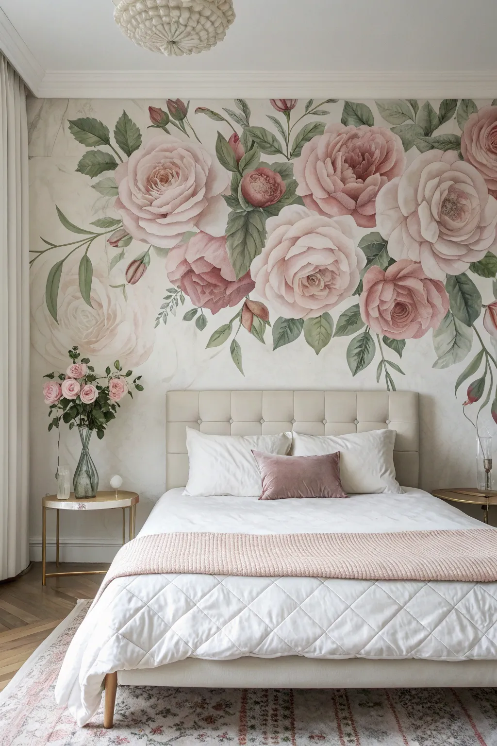 Romantic rose garden wall mural behind the headboard, cozy warm light and minimalist calm