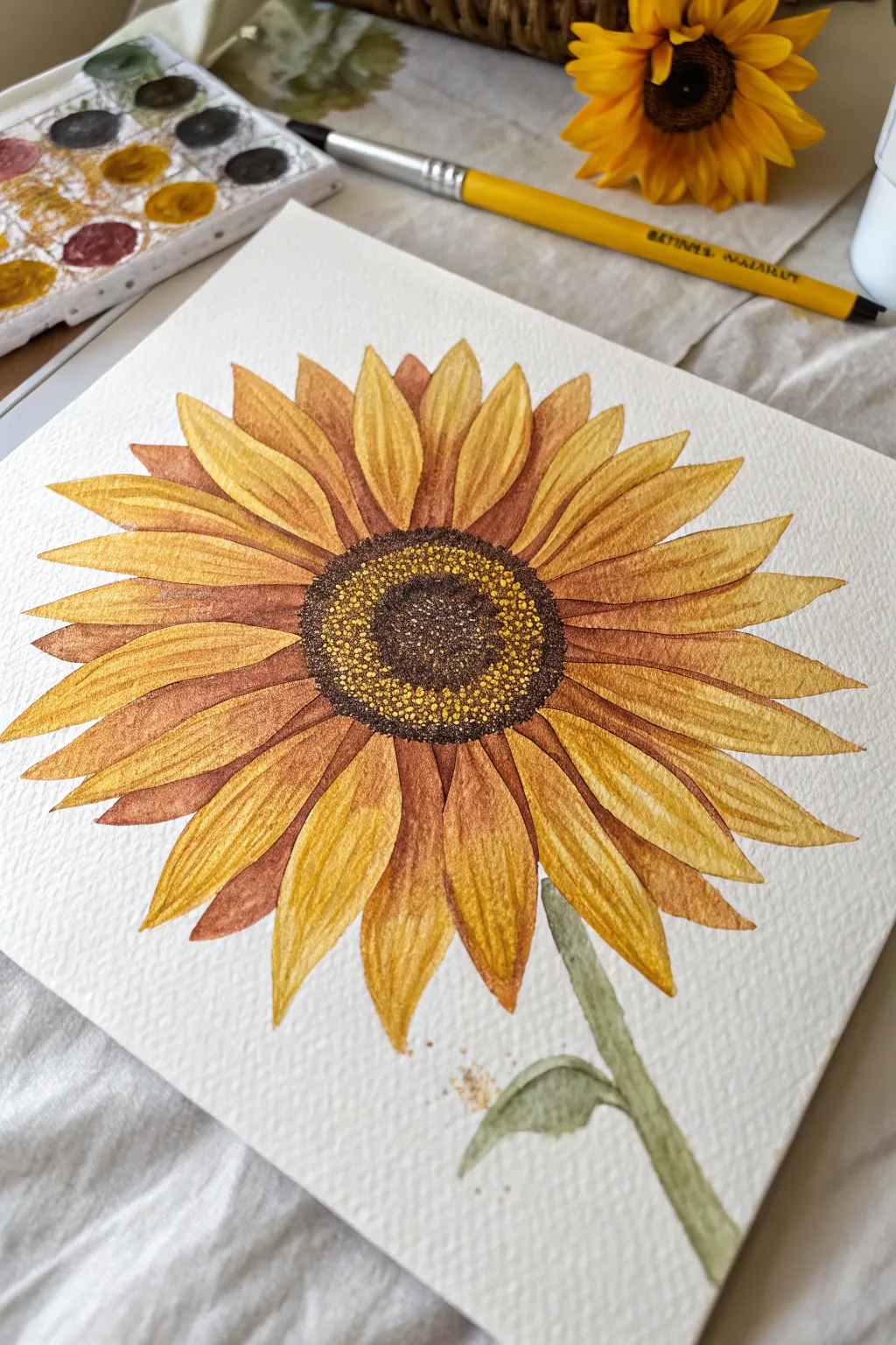 Bold sunflower painting with a tactile stippled center and sunny petals on clean white paper.