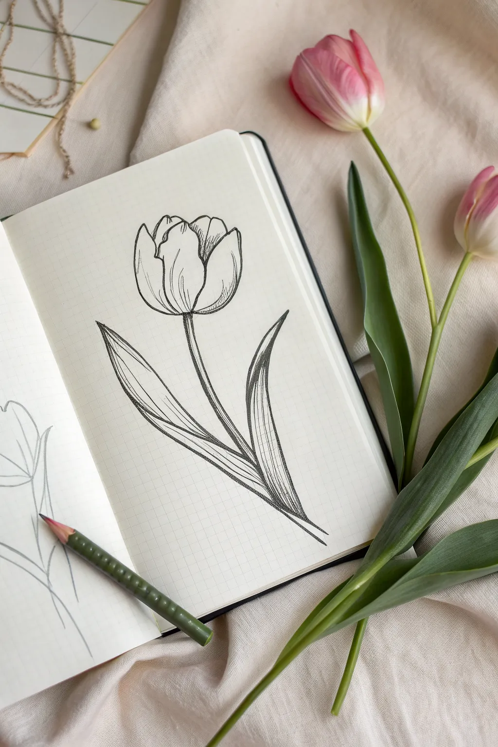 Classic tulip sketch with overlapping petals and soft pastel wash, easy and elegant to draw