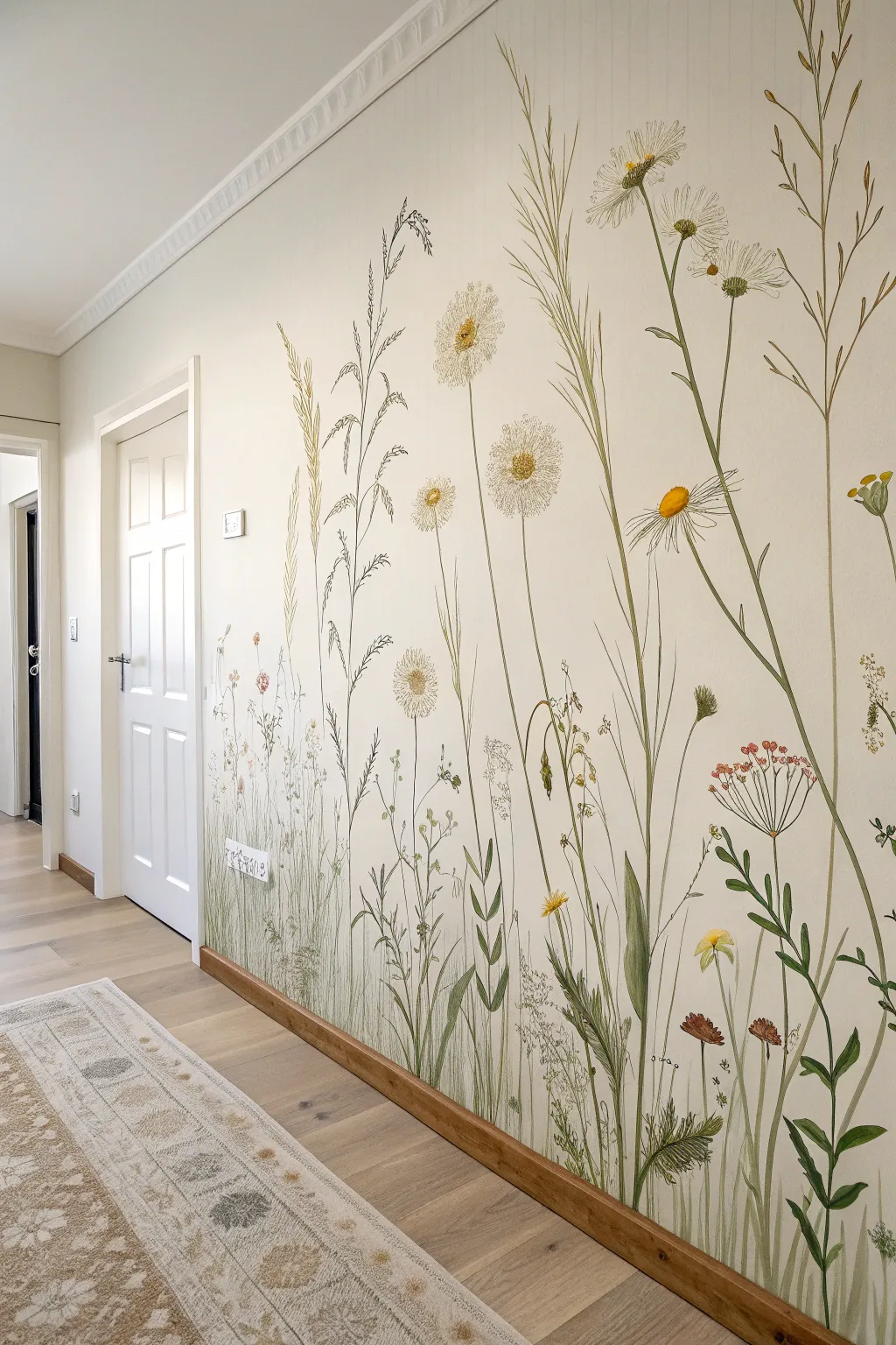 Wildflower meadow mural rising from the baseboard, airy negative space for a calm room.
