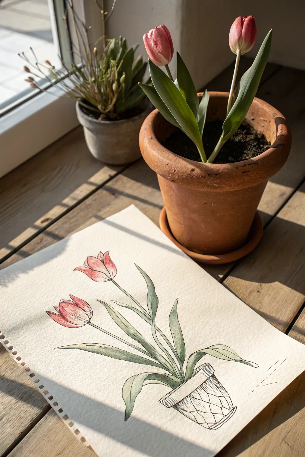 Minimal tulips in a simple clay pot drawing idea with clean lines and a soft grounding shadow