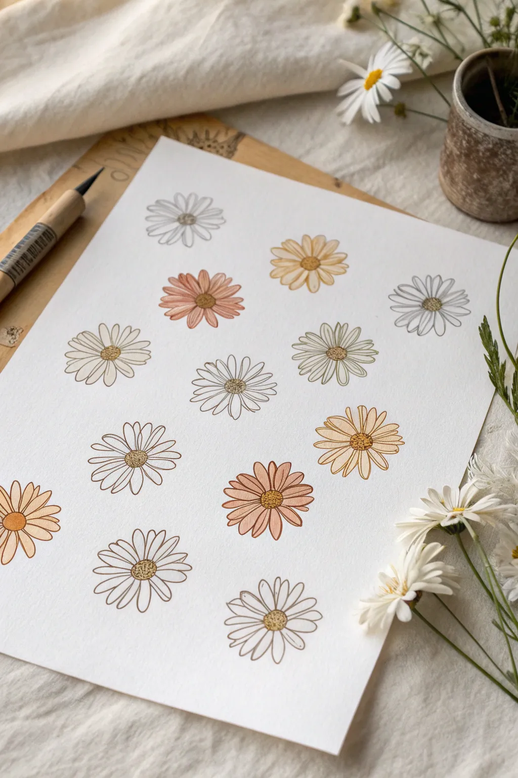 Clean daisy stamp prints in a soft palette, with the flower stamp beside the finished sheet