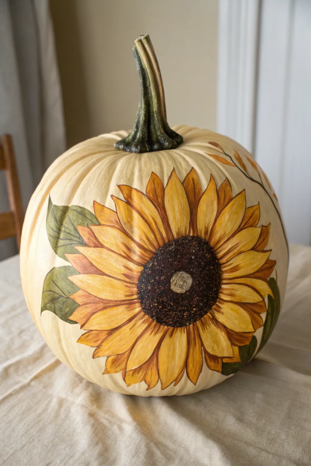 Sunflower-wrapped pumpkin with rich brown center and golden petals in calm Scandi tones.