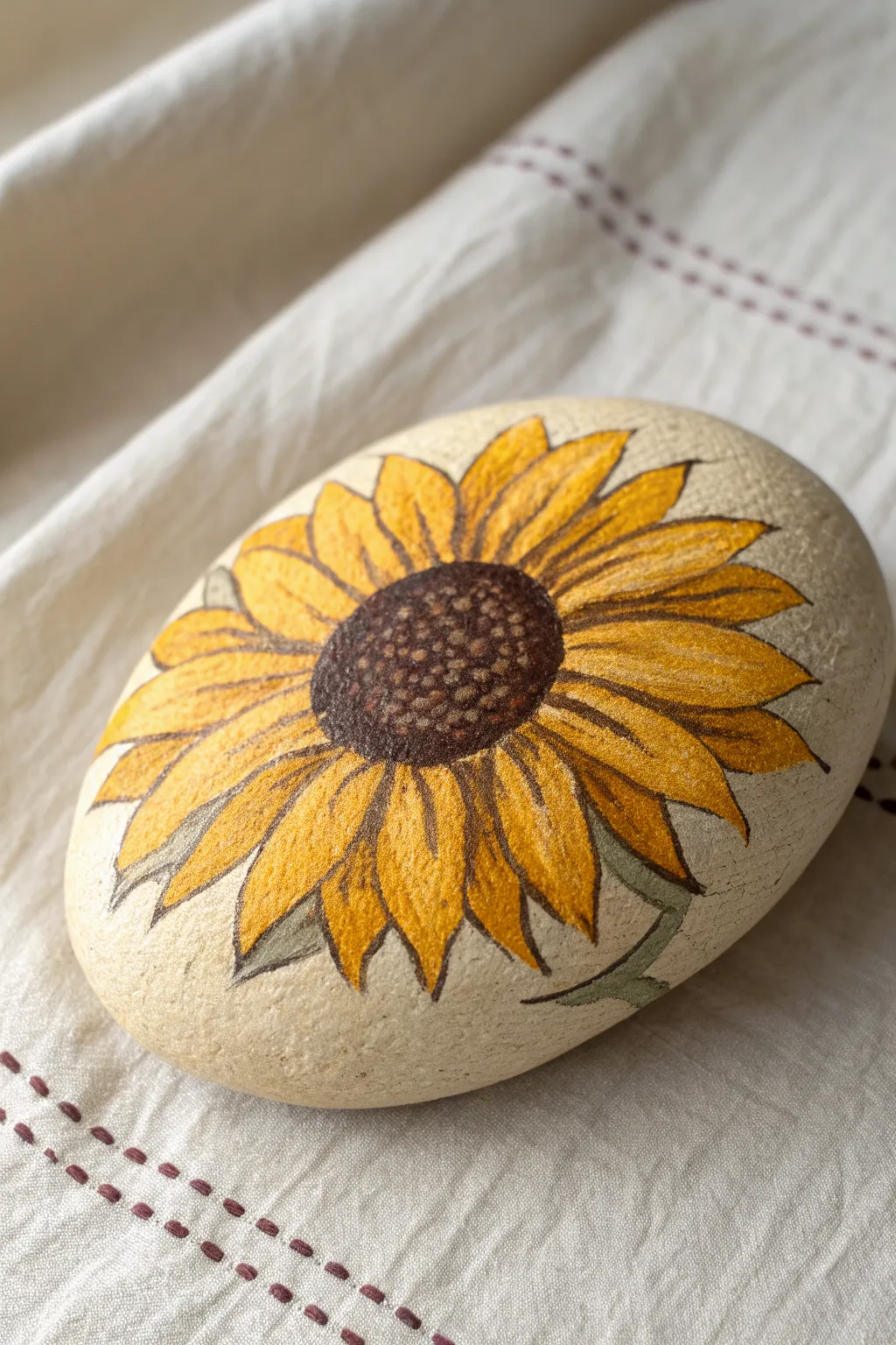 Bold sunflower rock with dotted center, warm petals, and calm Scandinavian-boho styling.