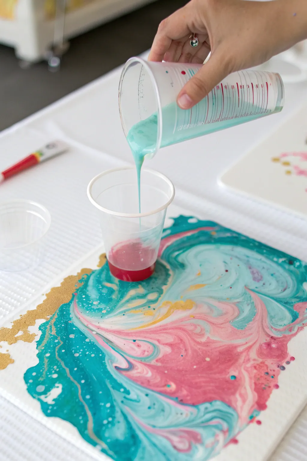 Flip cup surprise reveal: glossy fluid paint blooms on a clean canvas, ready to tilt.